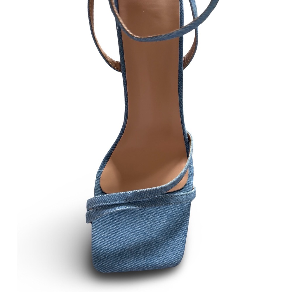 Light Blue Denim Strappy Square Toe Stiletto Heels Ankle Strap Sandals Sz 9 NEW - Picture 7 of 13